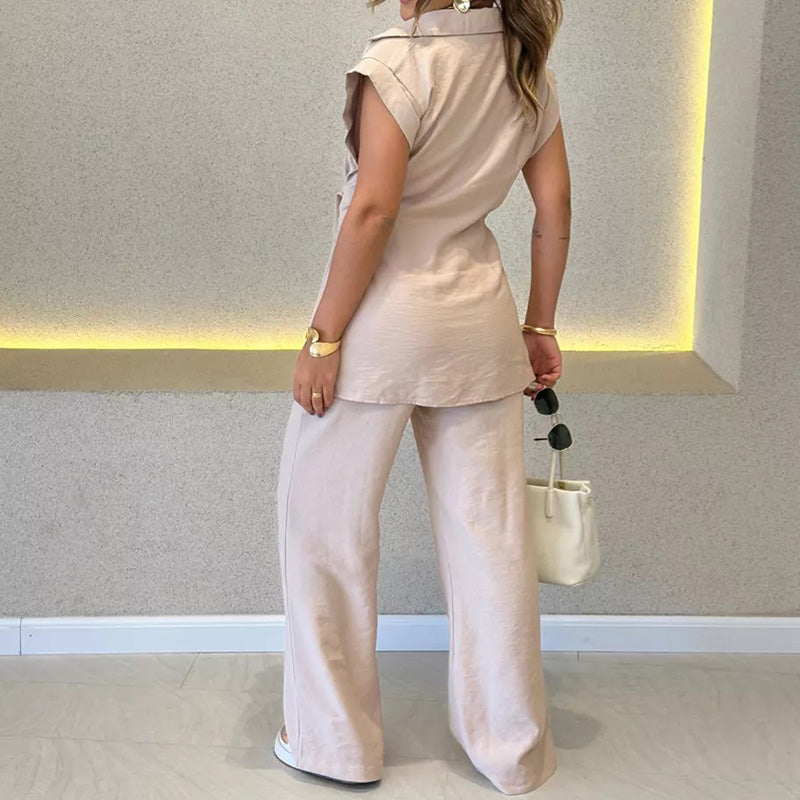 Ivette™ - Elegant Ensemble with Sleeveless Blouse and High-Waisted Trousers